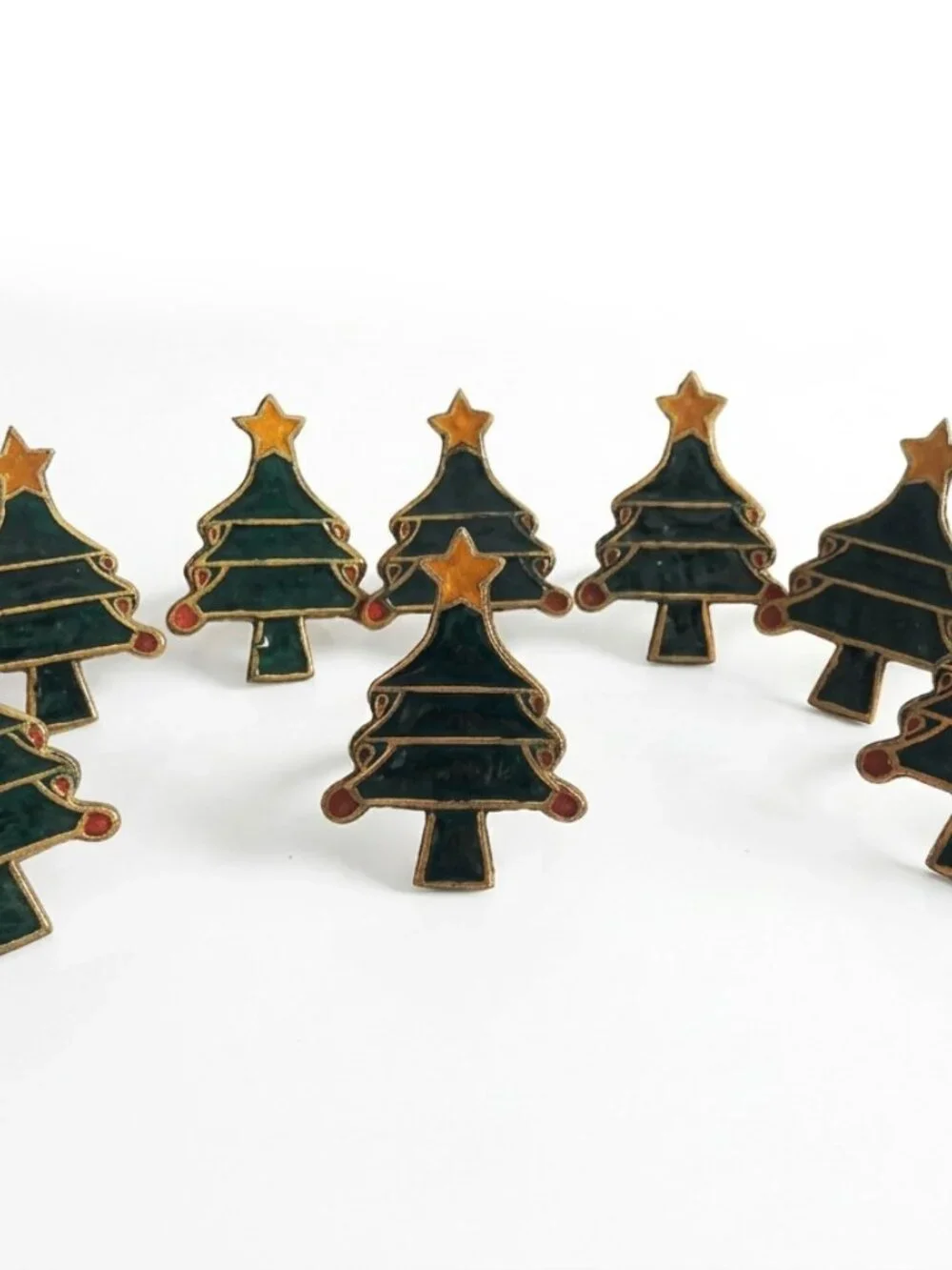 VTG Pier 1 Brass Enamel Christmas Tree Napkin Rings Set of 8